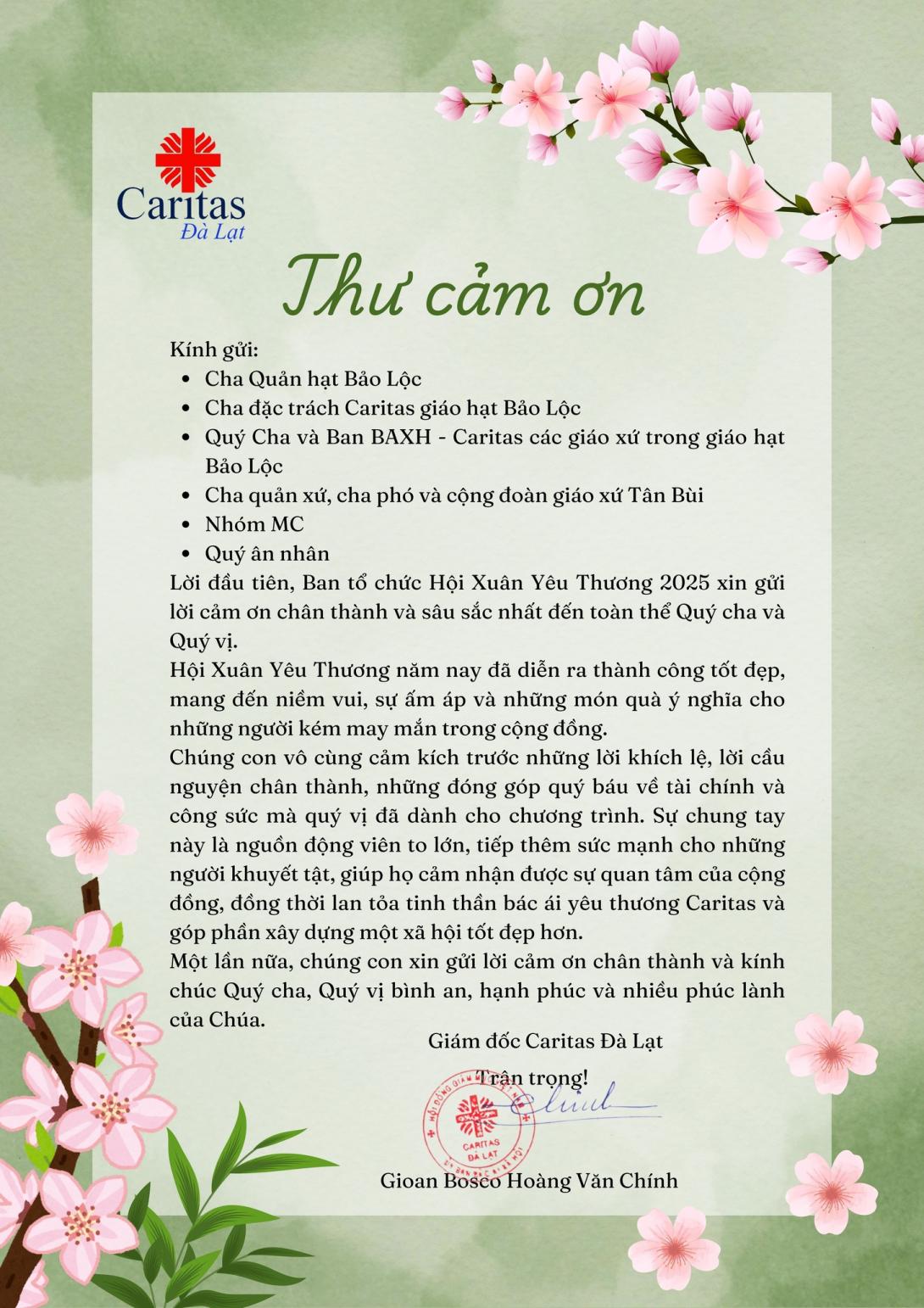 THƯ CẢM ƠN - Ân nhân hỗ trợ Hội Xuân Yêu Thương 2025