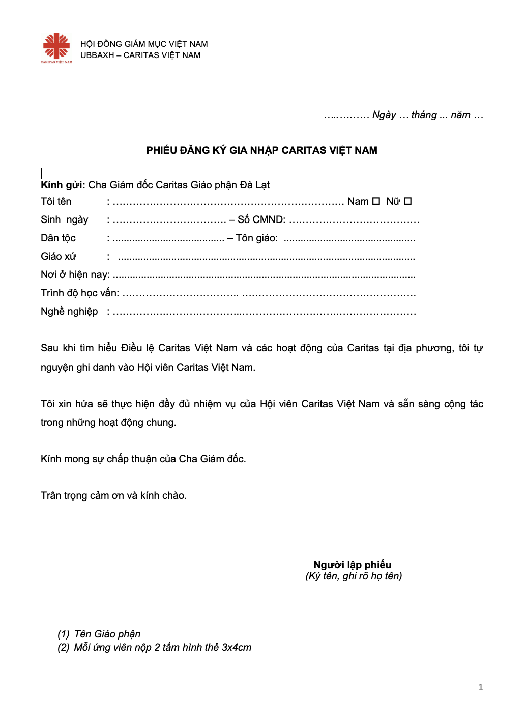 Mẫu Đơn Liên Quan Caritas VN