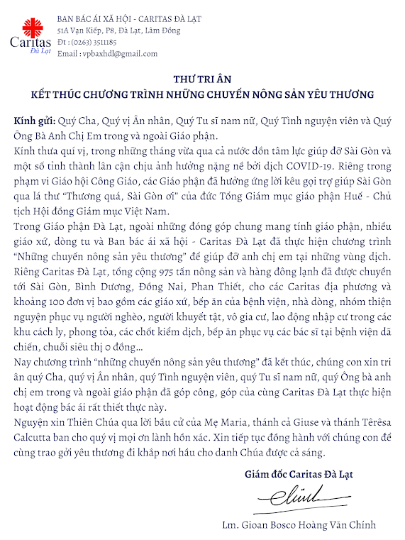 THƯ TRI ÂN:  KẾT THÚC CHƯƠNG TRÌNH NHỮNG CHUYẾN NÔNG SẢN YÊU THƯƠNG