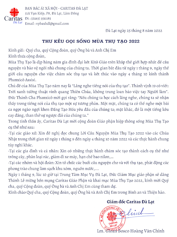 Thư kêu gọi sống Mùa Thụ Tạo